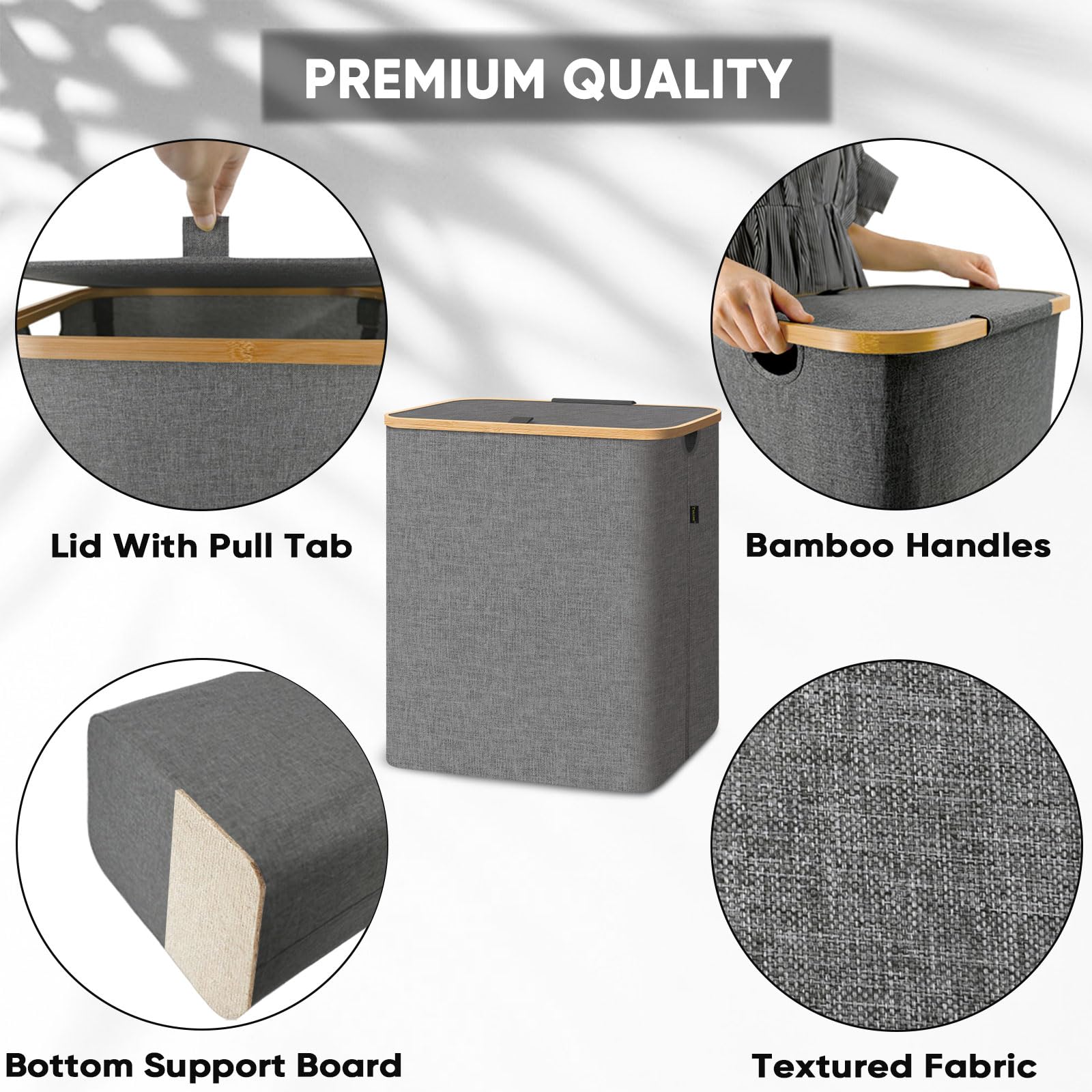 Baleine Laundry Hamper With Lid, Tall Laundry Baskets With Bamboo Pull Handles, Large Laundry Bin With Internal Support (40 Gall